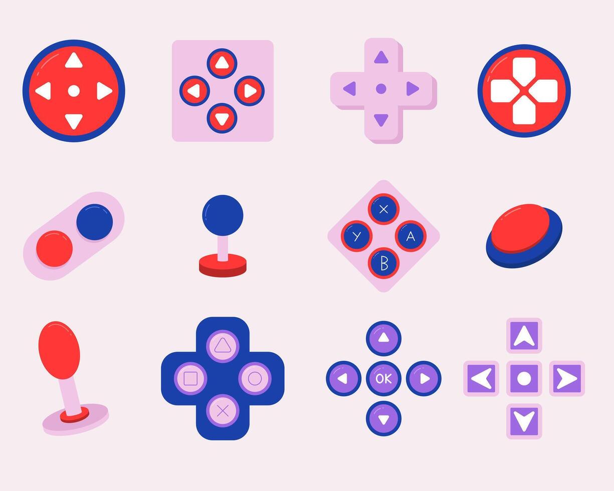 Collection of colorful game controller buttons and joysticks. vector