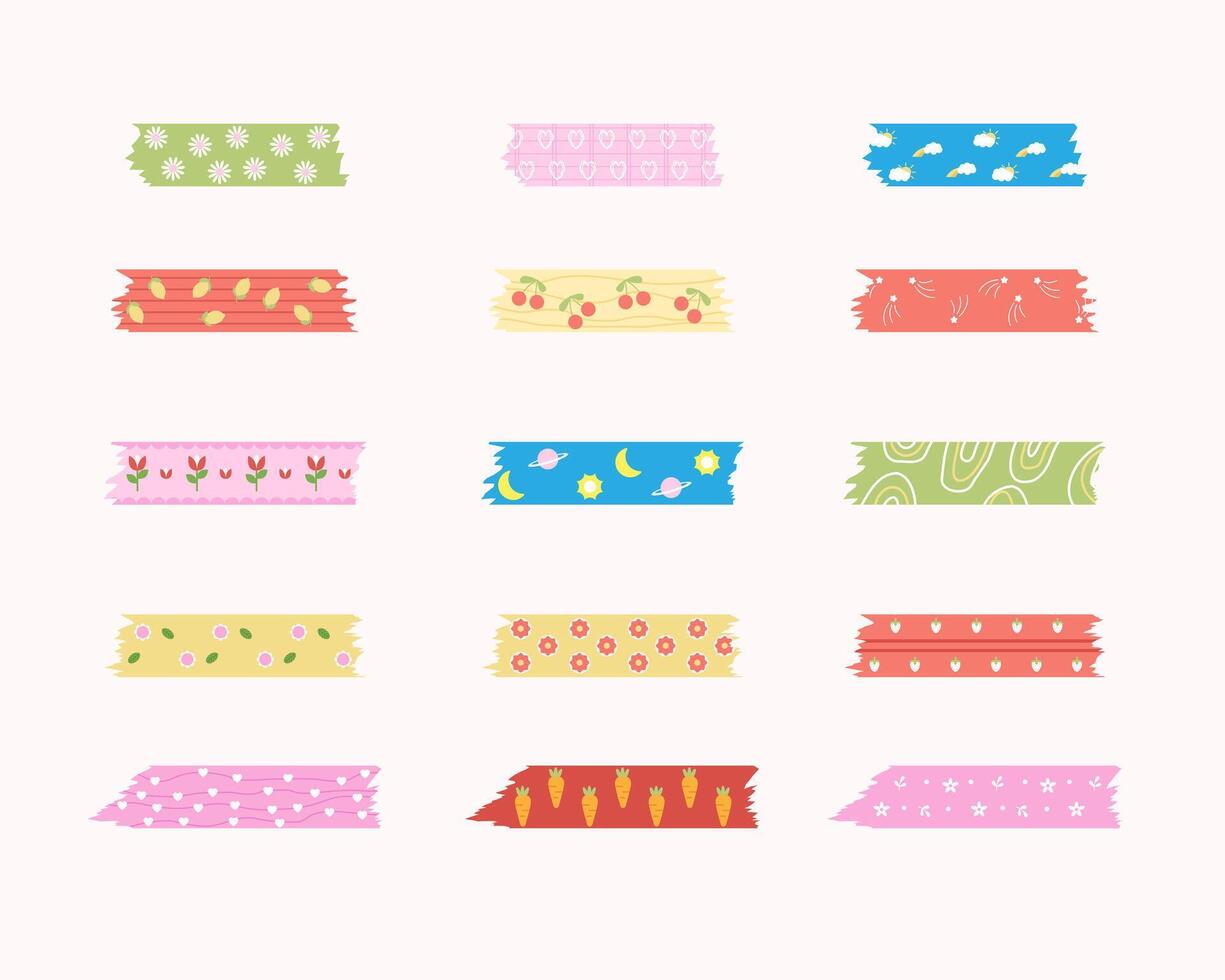 Assorted colorful patterned washi tape strips. vector