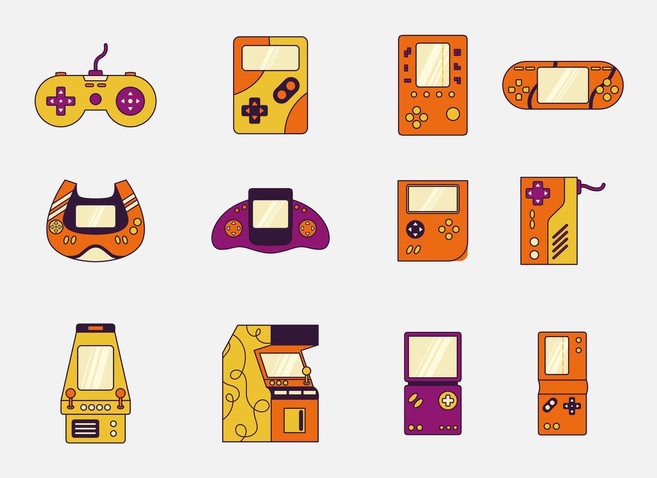 Retro gaming devices and consoles displayed in a collection. vector