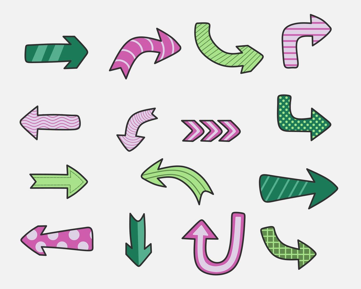 Assorted colorful directional arrows with patterns. vector