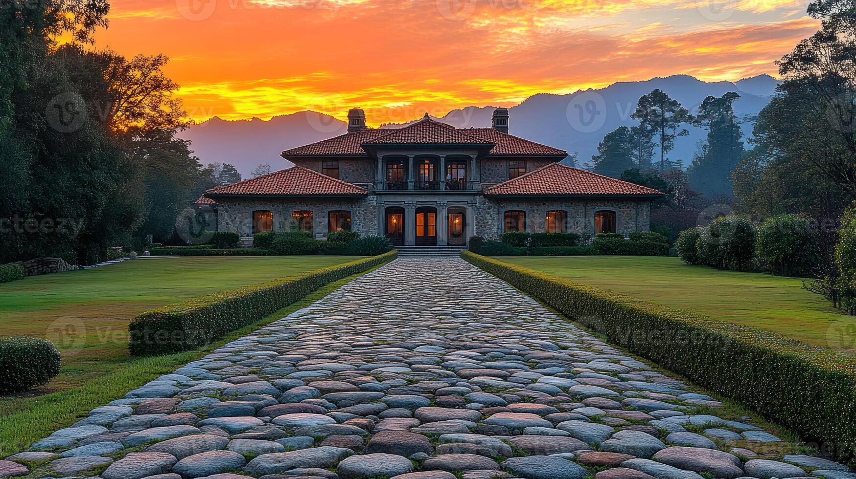 Sunset view of a grand stone mansion with cobblestone driveway, lush lawns, and mountain backdrop photo
