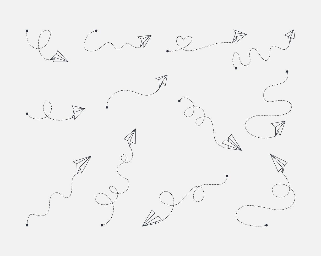Collection of decorative paper airplane designs with swirling lines. vector