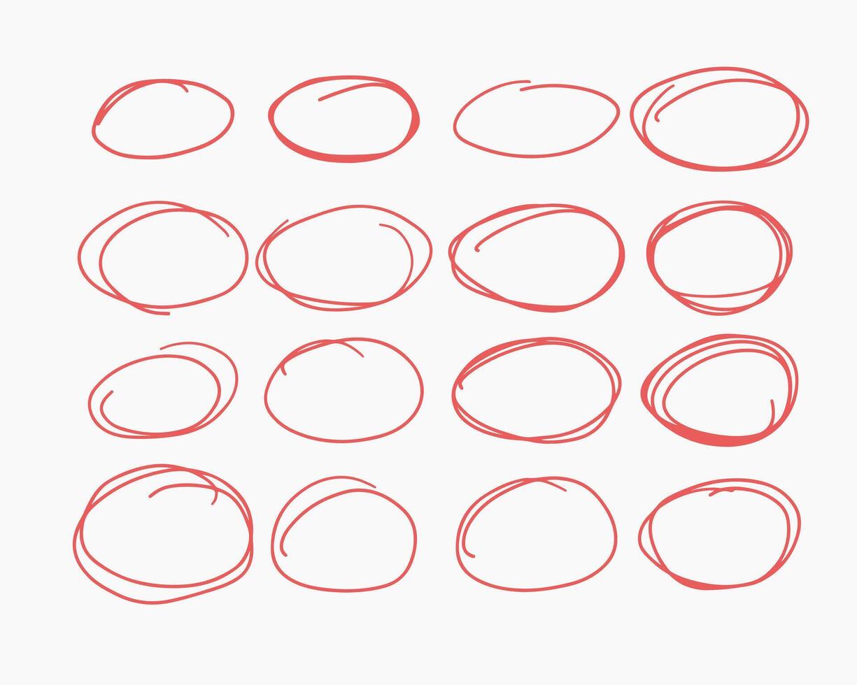Collection of hand-drawn, red oval outlines. vector