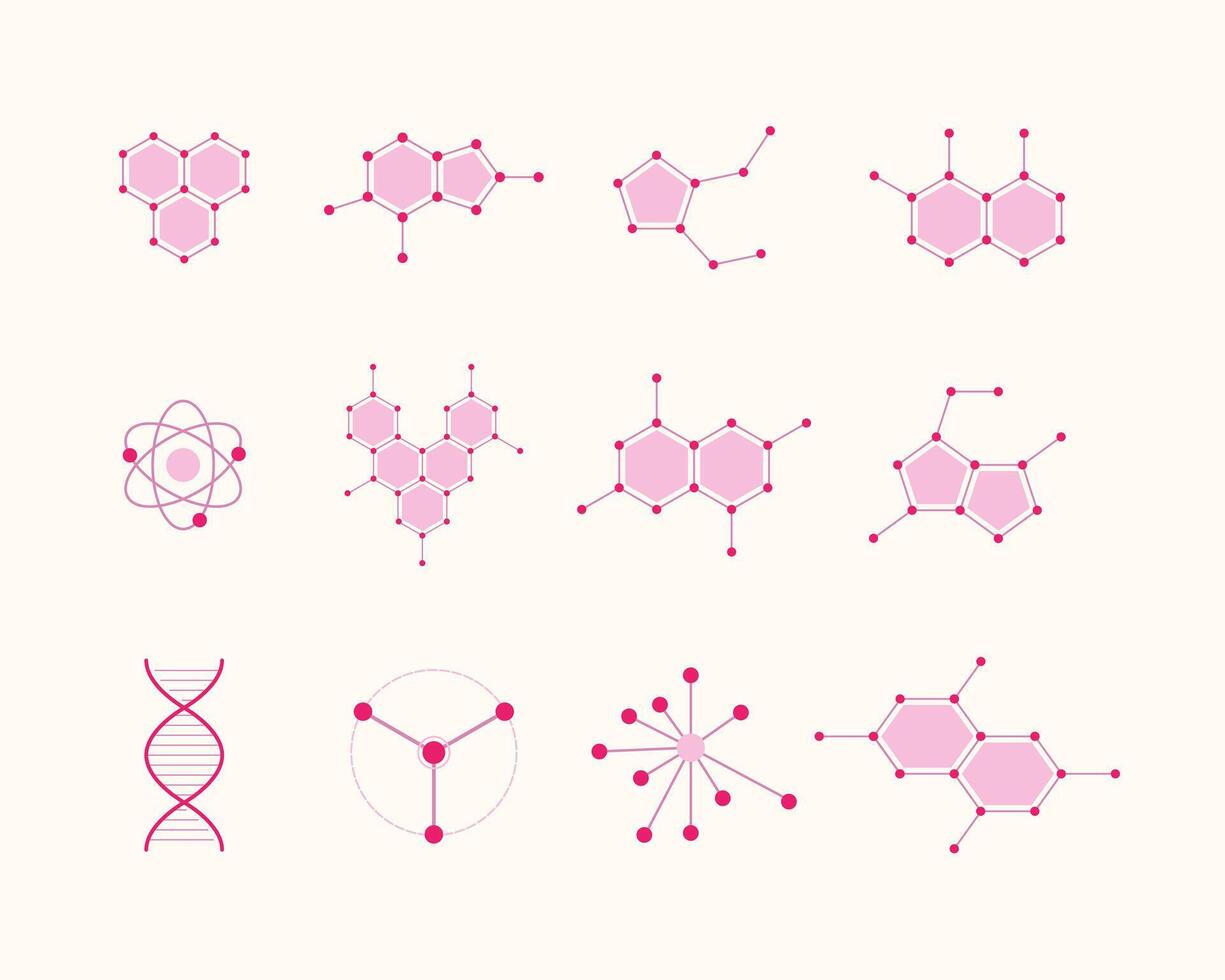 Collection of scientific molecular structures in pink. vector