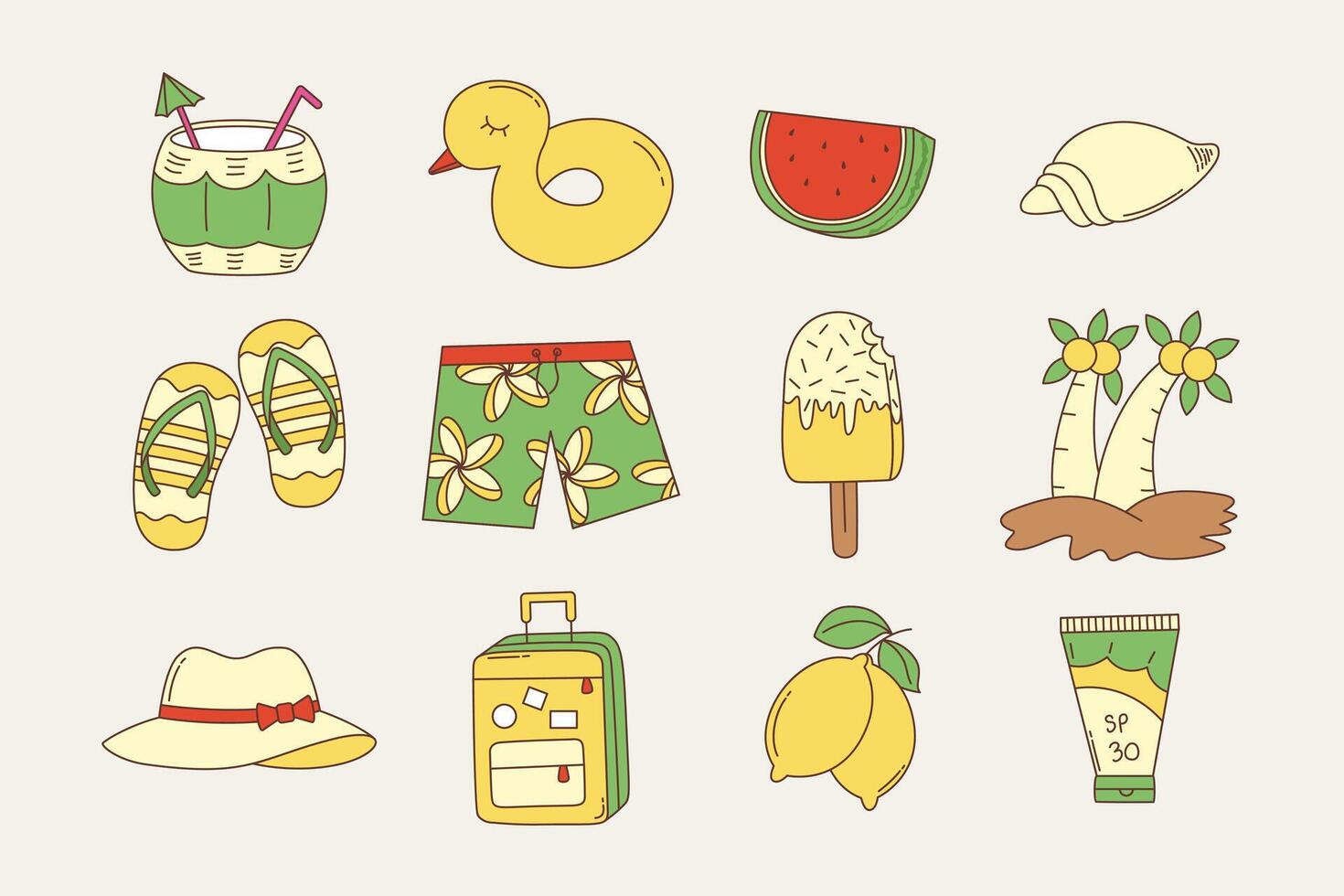 Summer vacation icons in a whimsical style. vector