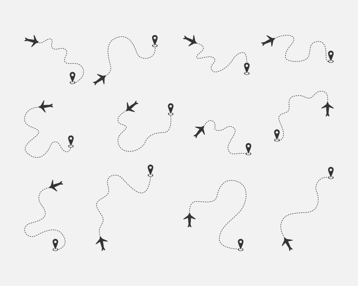 Collection of airplane travel routes displayed with markers. vector
