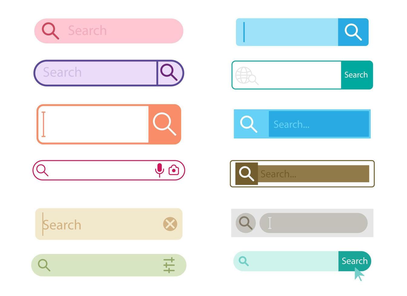 Colorful search bar variations displayed for interface design. vector