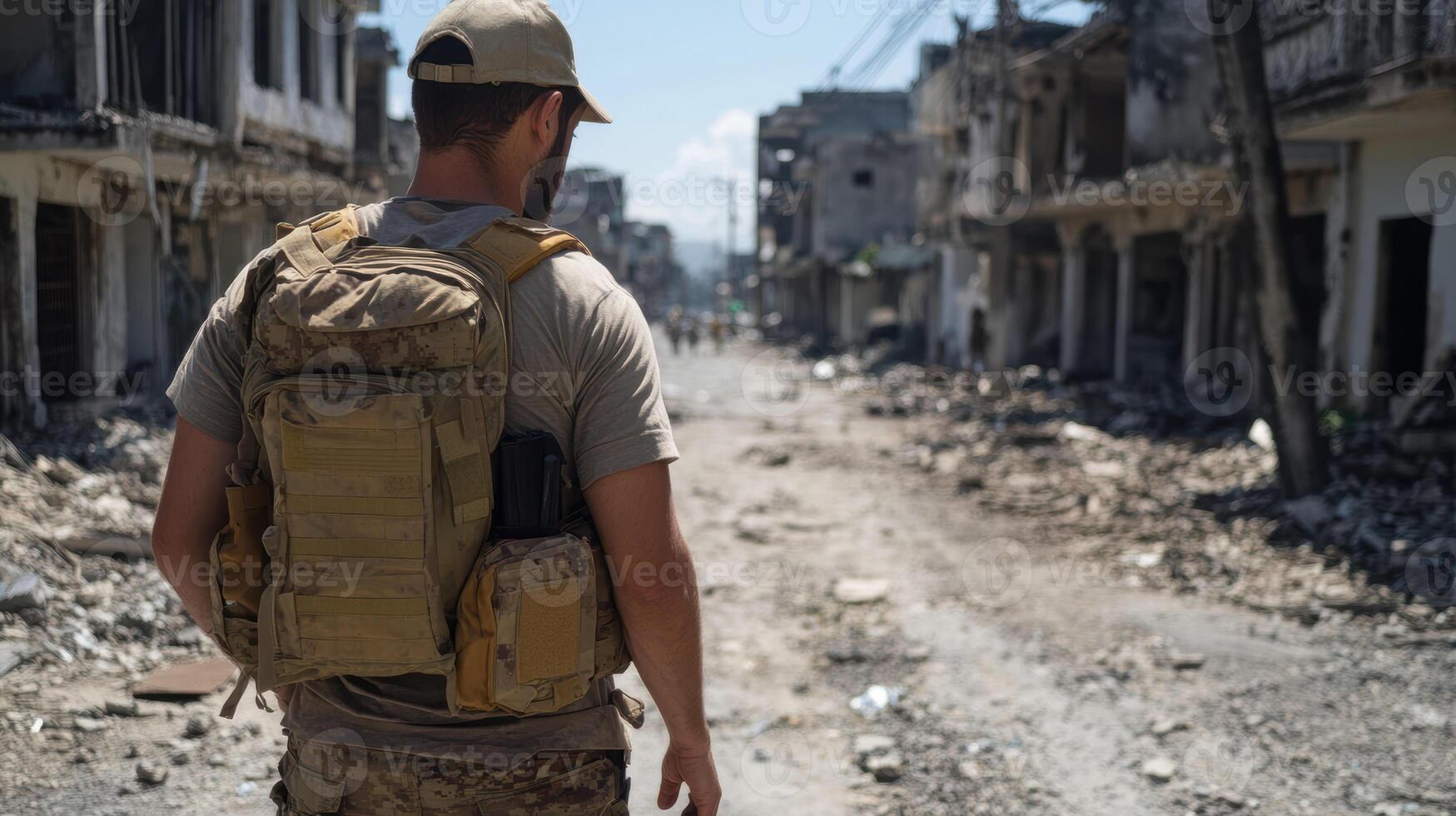person with backpack walks through devastated urban area photo