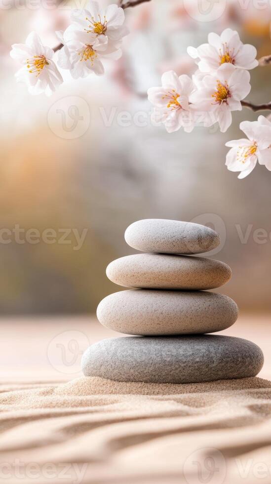 Smooth stones stacked on sand with cherry blossoms create serene scene photo