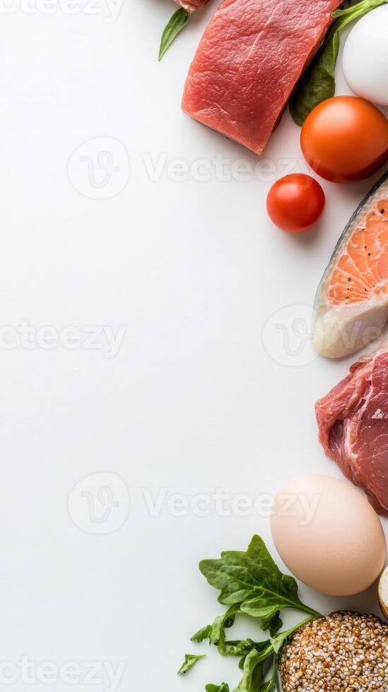 Healthy meal planning with fresh ingredients like meat, fish, and vegetables photo