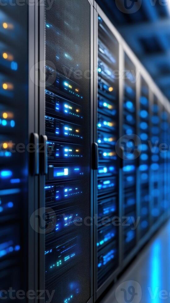 Server racks with glowing blue lights in data center photo
