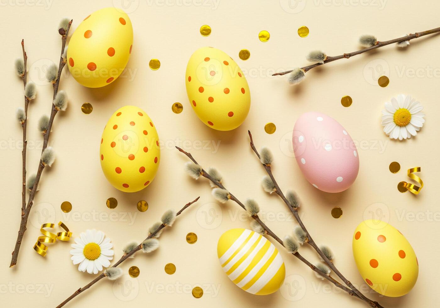 Easter eggs with polka dots and twigs on a yellow background photo