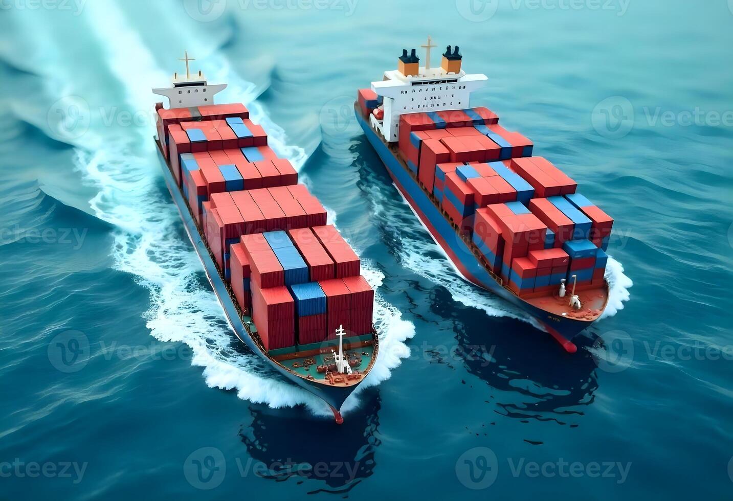 Maritime Trade Dynamics, Two Cargo Ships Navigating the Ocean with Red and Blue Containers Creating Visible Wakes photo