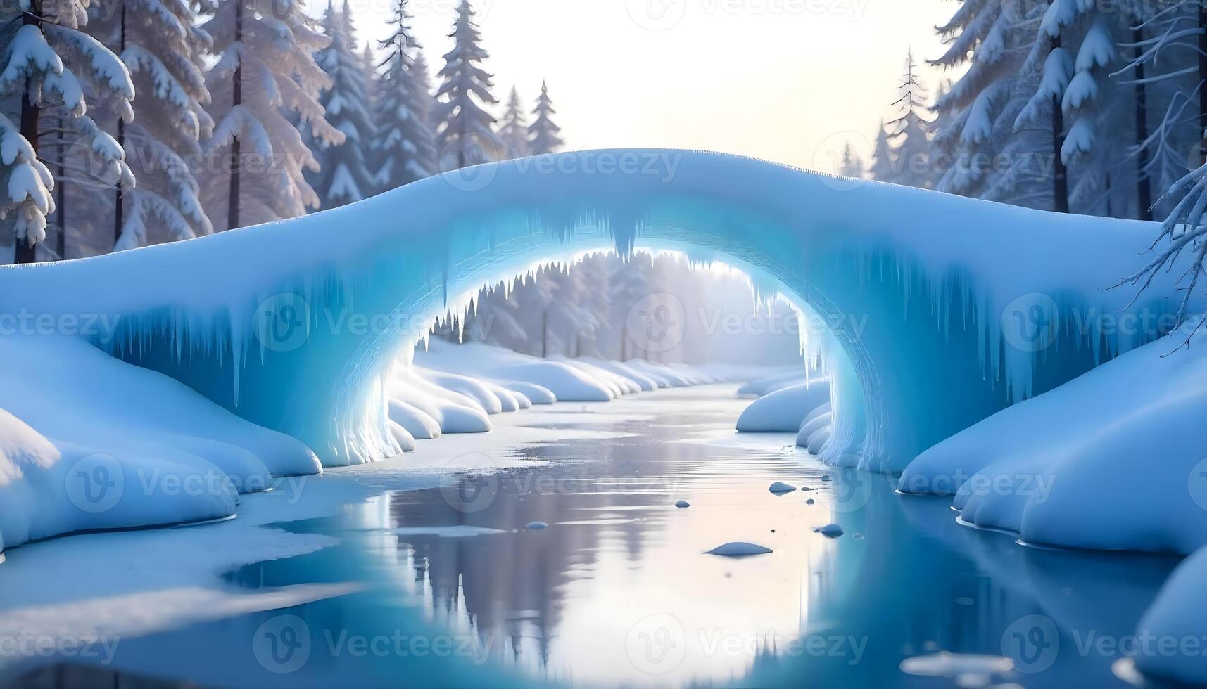 Icicles hanging from a frozen ice arch bridging over a glistening river surrounded by frosted banks and tall trees photo