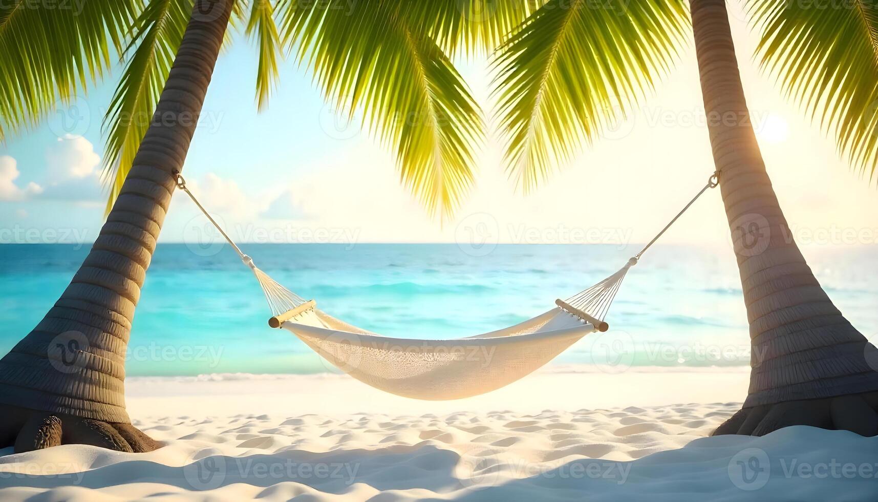 Tropical Paradise, Relaxing Hammock Between Palm Trees on a Pristine Beach photo
