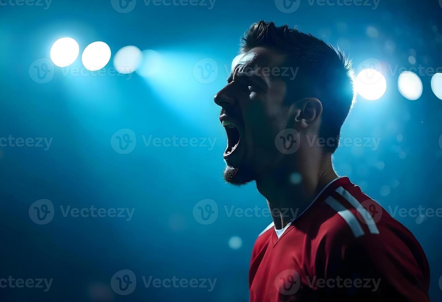 Dynamic Athletic Ambiance, Bold Red Jersey Performance in a Dramatically Lit Sports Setting photo
