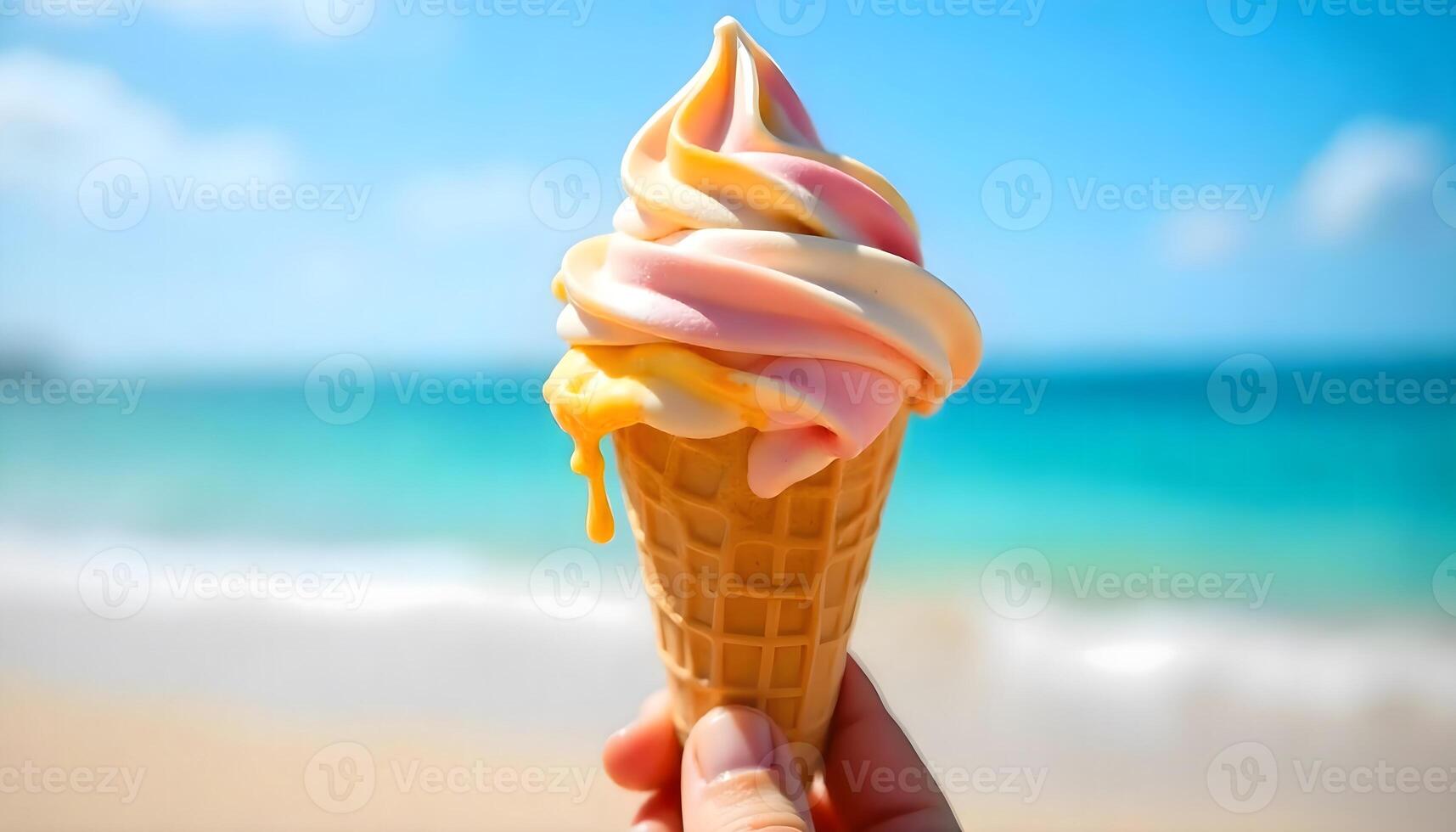 Swirled Ice Cream Cone, Beach Scene Backdrop, Refreshing Summer Holidays Vibes photo