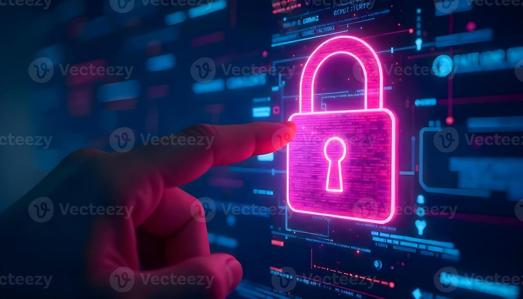 Securing Digital Landscapes With the Glow of a Pink Padlock Icon and Data Streams photo