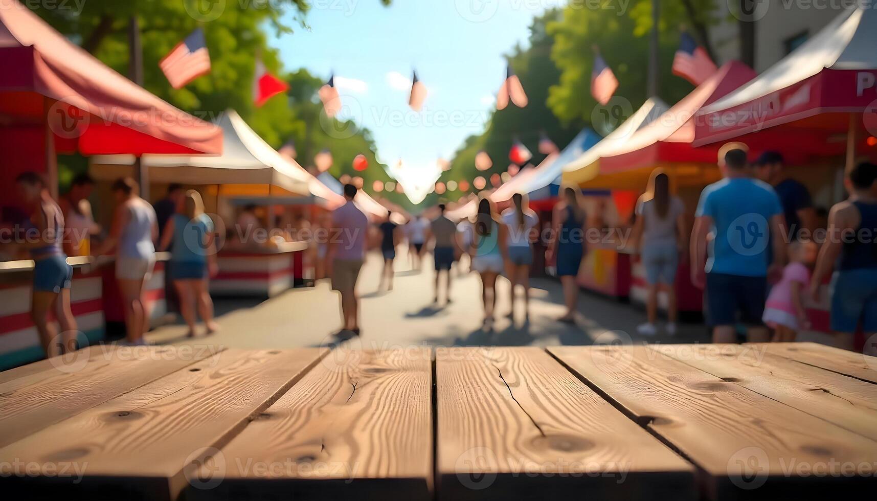 Bustling market stalls and sunlight streaming through trees, wooden table for display products photo