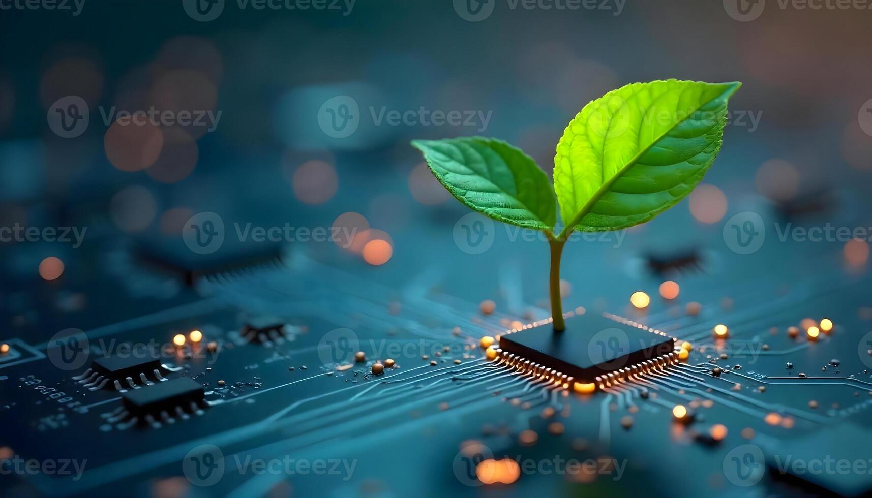 Sustainable Technology, A Vibrant Green Plant Sprouting From a Soil-Embedded Microchip photo