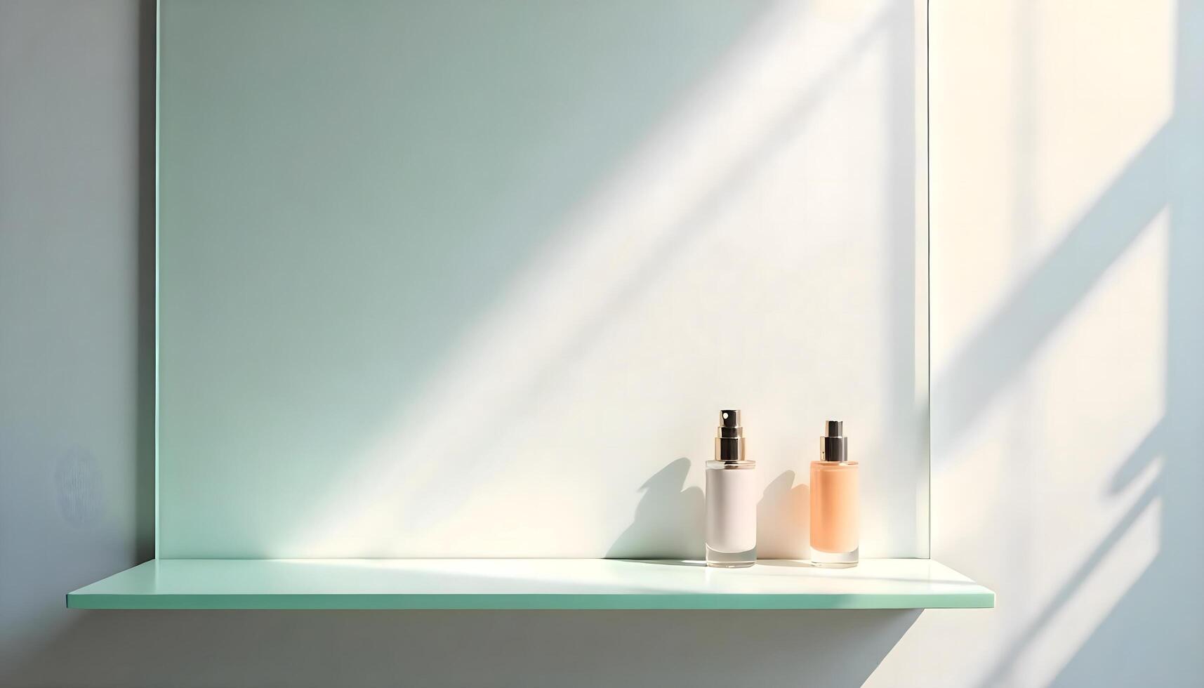 Elegant Floating Shelf with Skincare Bottles in Soft Lighting photo