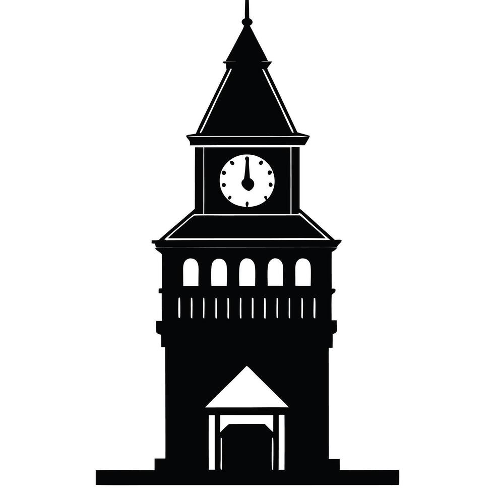 a black and white illustration of a clock tower vector
