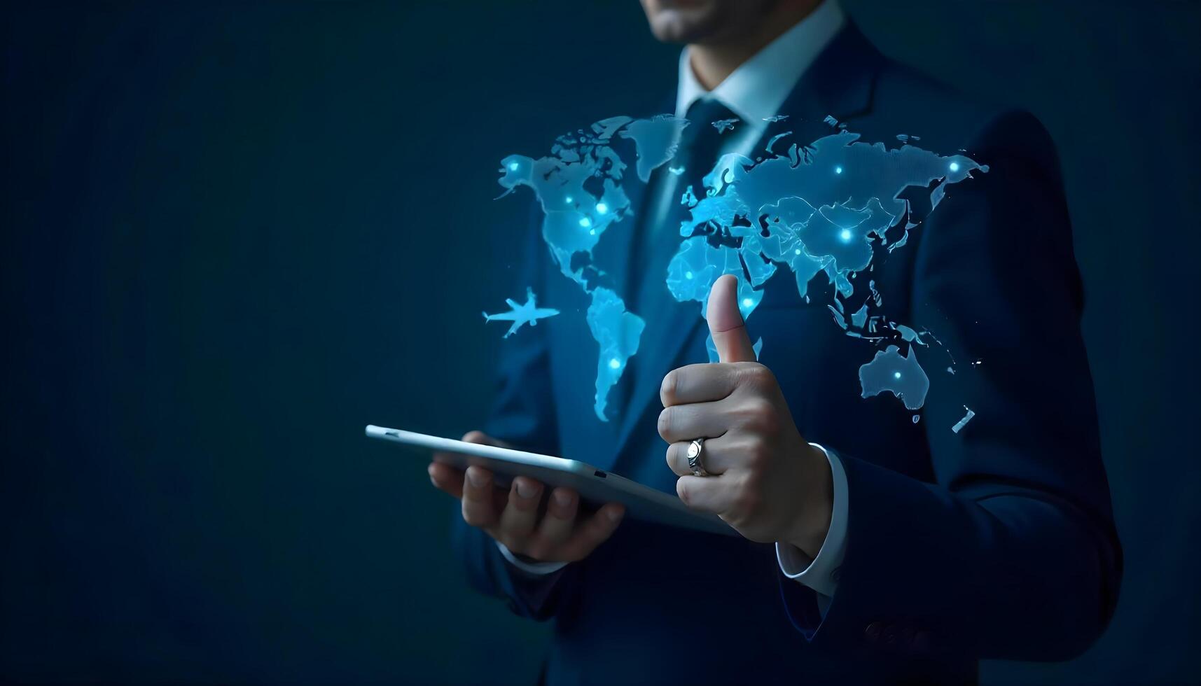 Global Connectivity, Business Executive with Tablet and Digital World Map Highlighting Air Travel for Modern Enterprise Solutions photo