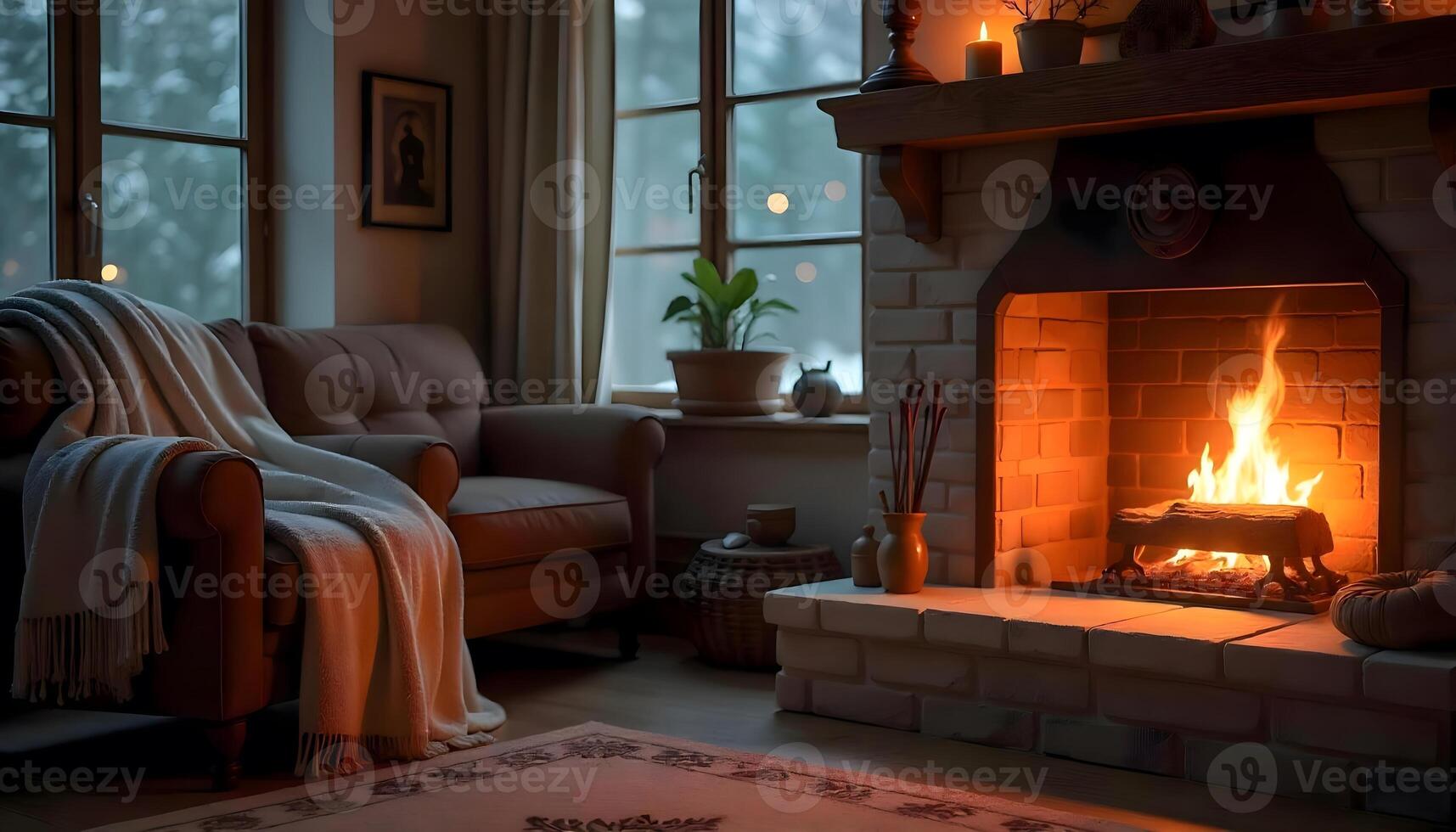 A warm and inviting living room with a lit stone fireplace decorated with glowing string lights and holiday charm photo