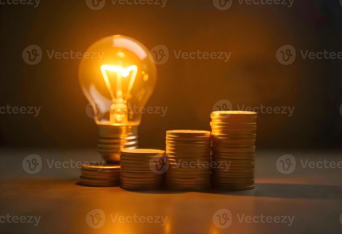 Bright Ideas in Wealth, A Glowing Light Bulb Illuminates the Concept of Energy Savings and Financial Growth with Stacks of Coins Growing Progressively in Height photo