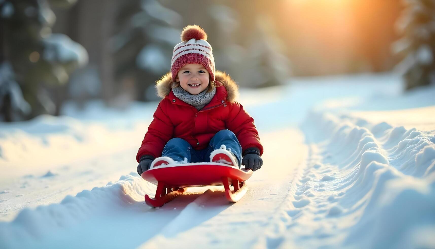 Joyful winter play with a child sliding on a red sled amidst a snow-covered park and glowing sunlight photo