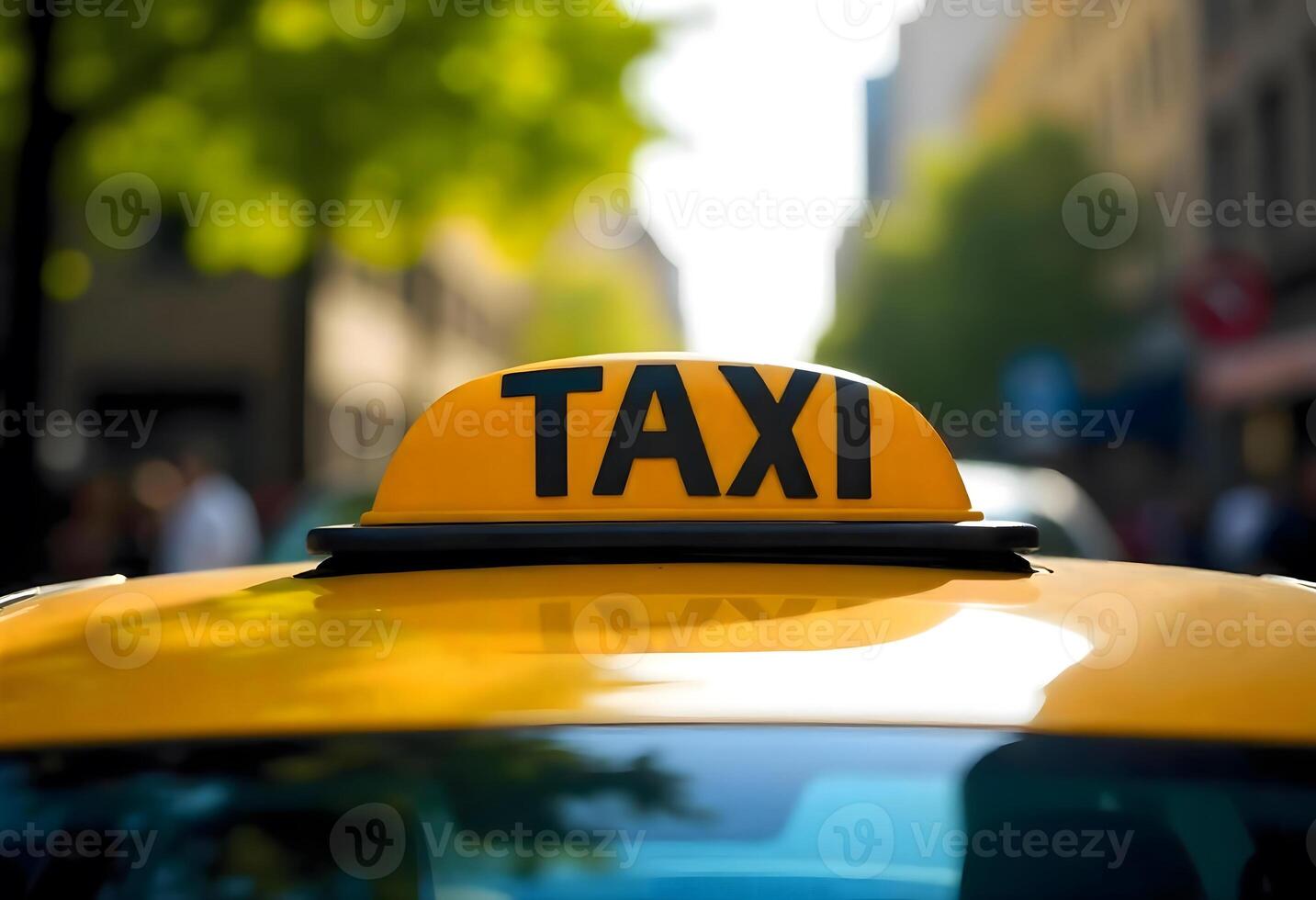Urban Transit Marvel, The Brilliant Yellow Taxi Radiates Metropolitan Energy with Its Bold TAXI Sign, Captivating Blurred Buildings and Lush Urban Foliage in a Classic City Scene photo