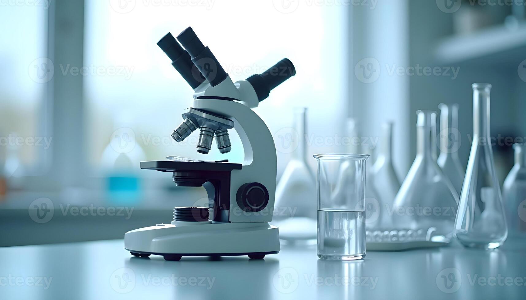 Exploring Scientific Discoveries, Microscope and Blue Liquid Lab Setup in a Sunlit Research Environment photo