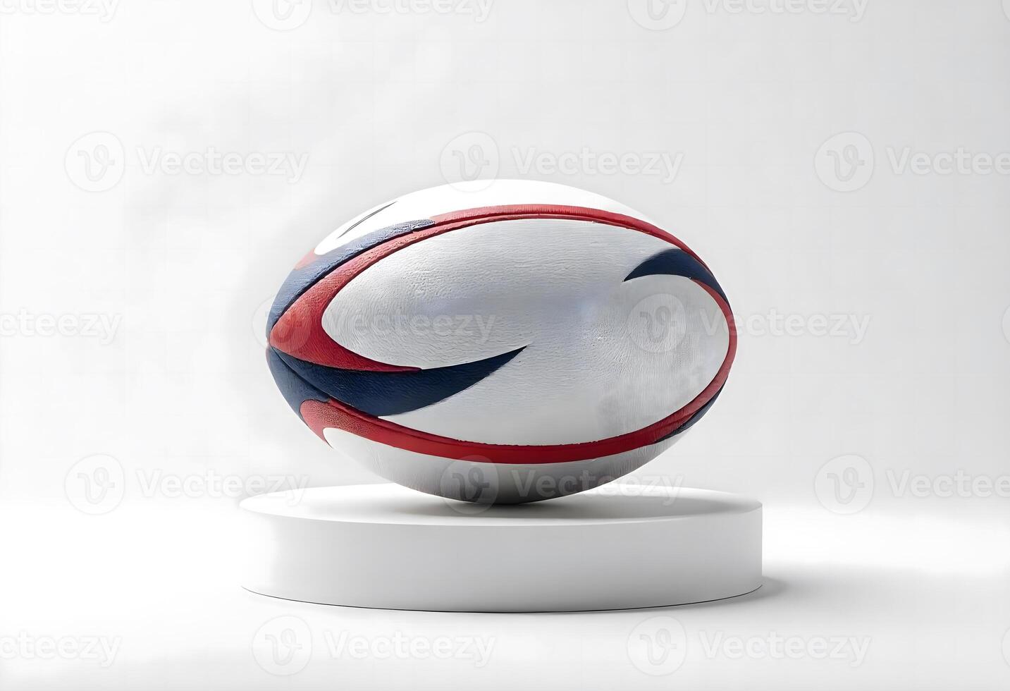 3D Rendered of Rugby Ball with Red and Blue Curved Patterns on a Pedestal photo