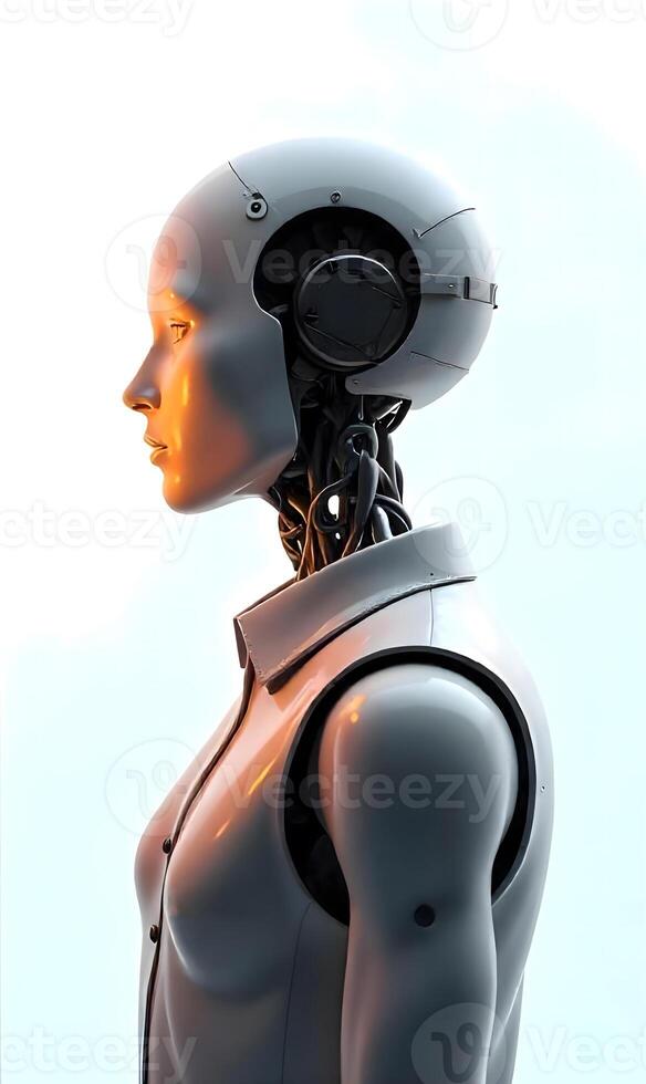 Futuristic Humanoid Robot Showcasing Advanced Mechanics and Exposed Wiring Against a Soft Cloudy Sky for Innovative Technology Visuals photo