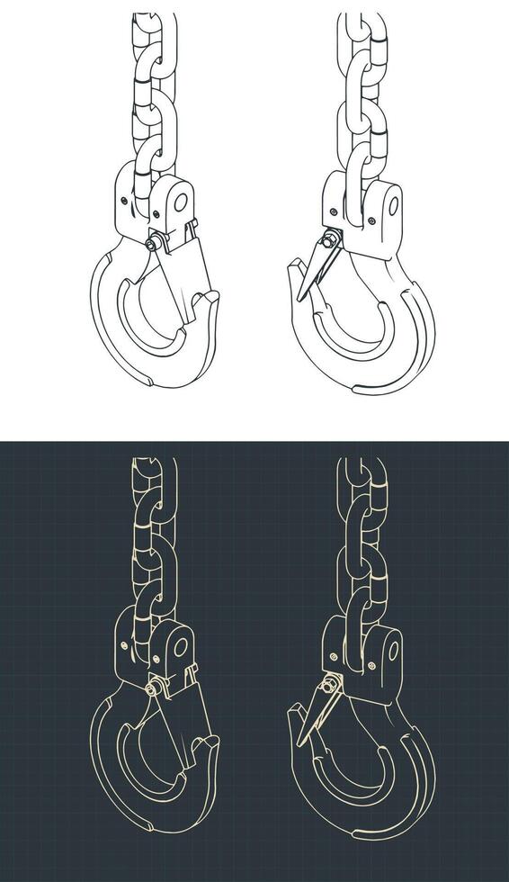 Lifting hook and chains isometric blueprints illustrations vector