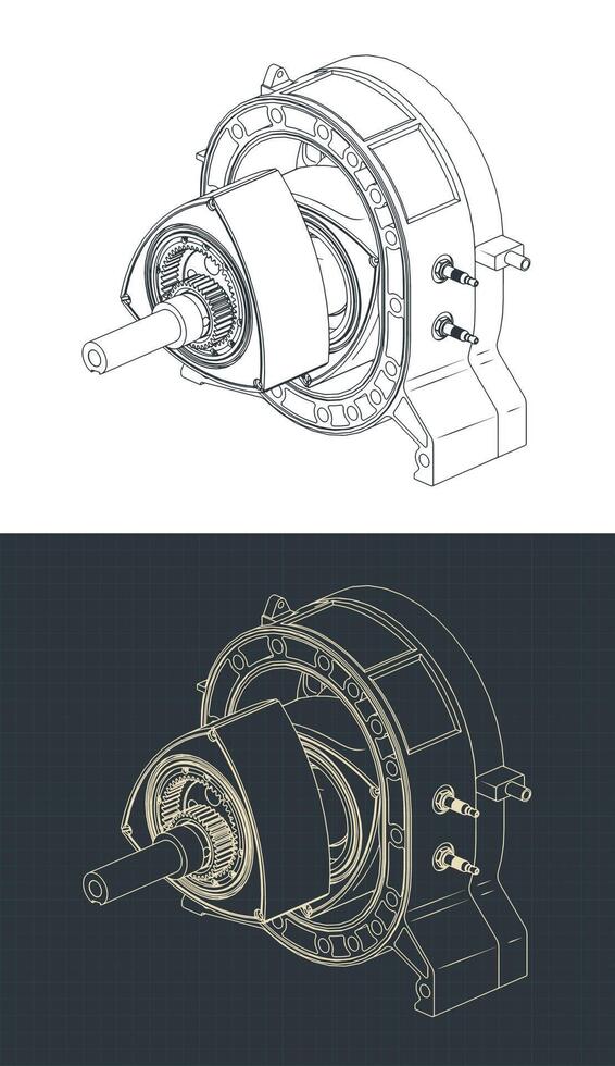 Wankel rotary engine isometric drawings vector