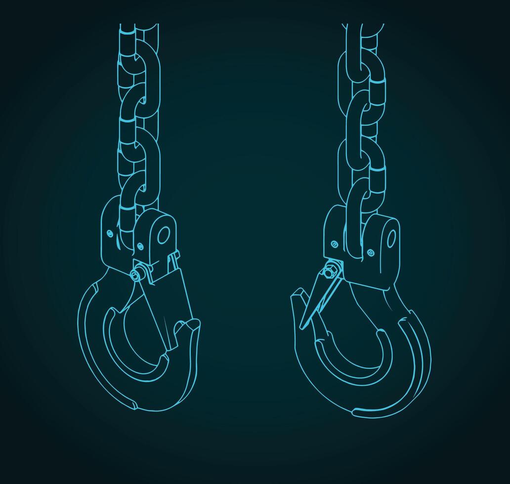 Lifting hook and chains isometric blueprints illustration vector