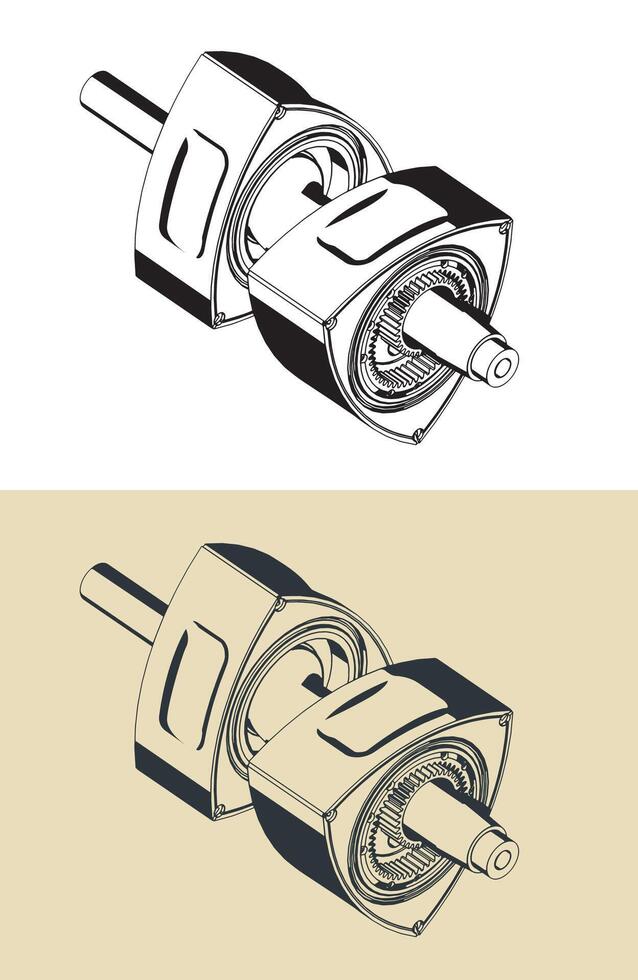 Rotors and eccentric shaft of a rotary engine isometric illustrations vector