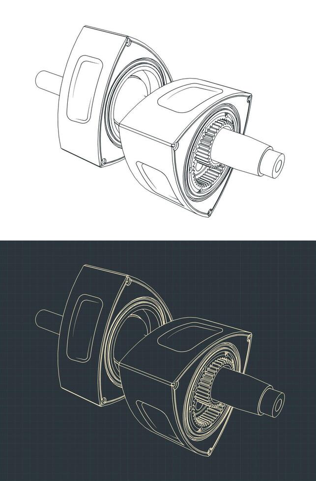 Rotors and eccentric shaft of a rotary engine isometric blueprints vector