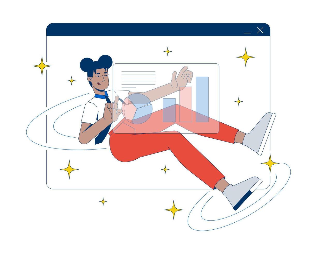 Interactive data analysis in virtual workspace 2D illustration concept. Black female professional monitoring chart in browser window cartoon character isolated on white. Flat abstract metaphor vector