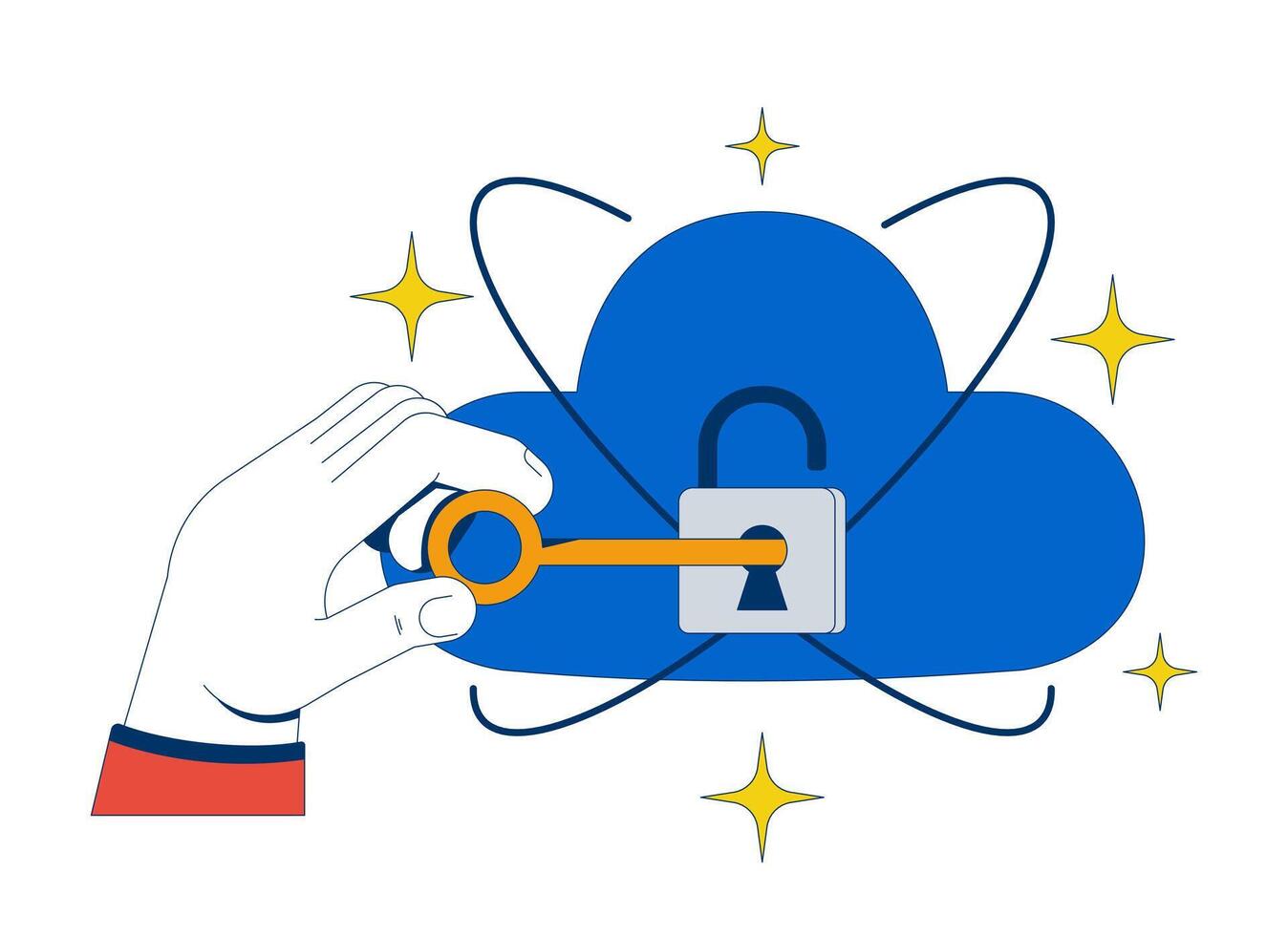 Keeping data safe on cloud encryption 2D illustration concept. Access management, cybersecurity. SaaS security. Locking with key cartoon composition isolated on white. Flat abstract metaphor vector