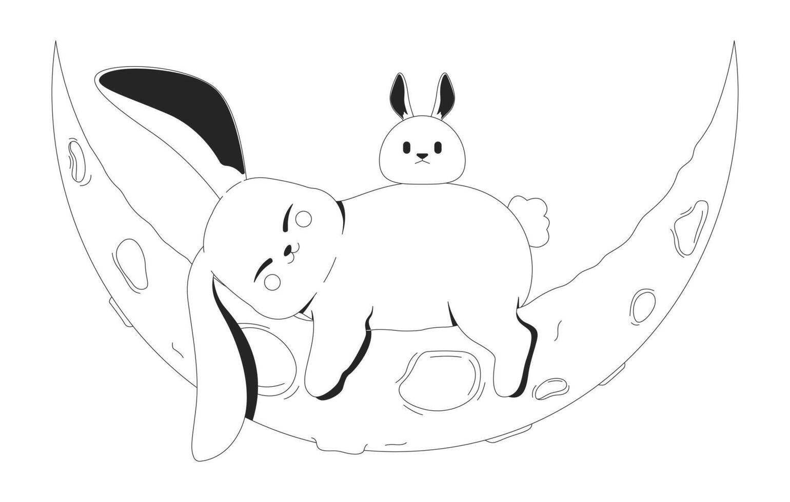 Cute lo-fi bunnies sleeping on crescent moon 2D line characters. Dreamy night. Cozy mood. Kawaii bunny. Jade rabbit bedtime isolated ink outline animals. Monochromatic spot illustration vector