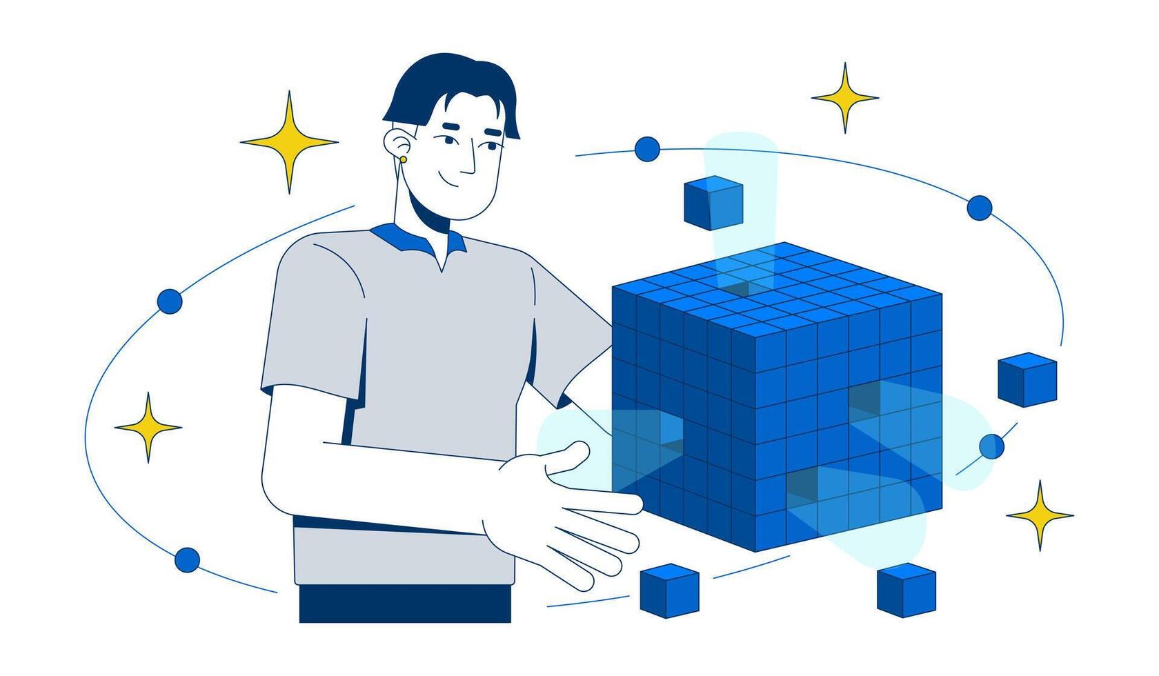 OLAP data cube analysis 2D illustration concept. Digital analytical processing. Business intelligence. Analyst with modular database cartoon character isolated on white. Flat abstract metaphor vector