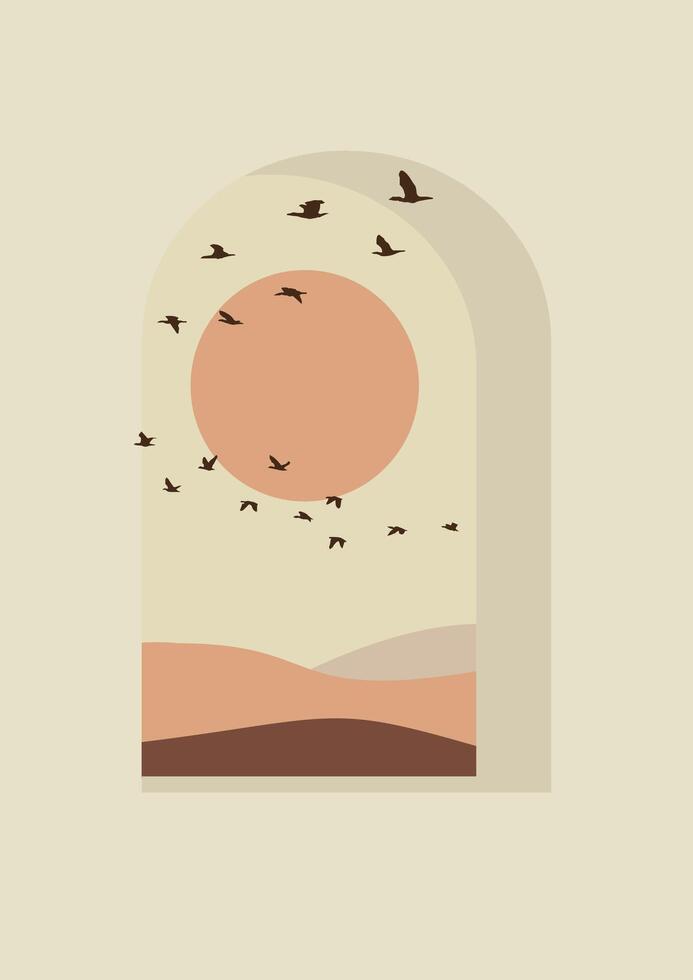 Birds group in flight in the sunny sky. Swallow flock flies in the mountains view. Desert landscape. Spring view vector