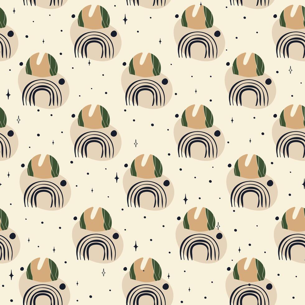 Ink art with one line drawing pattern. Geometric shapes, leaves, blobs elements wallpaper. Naive art vector