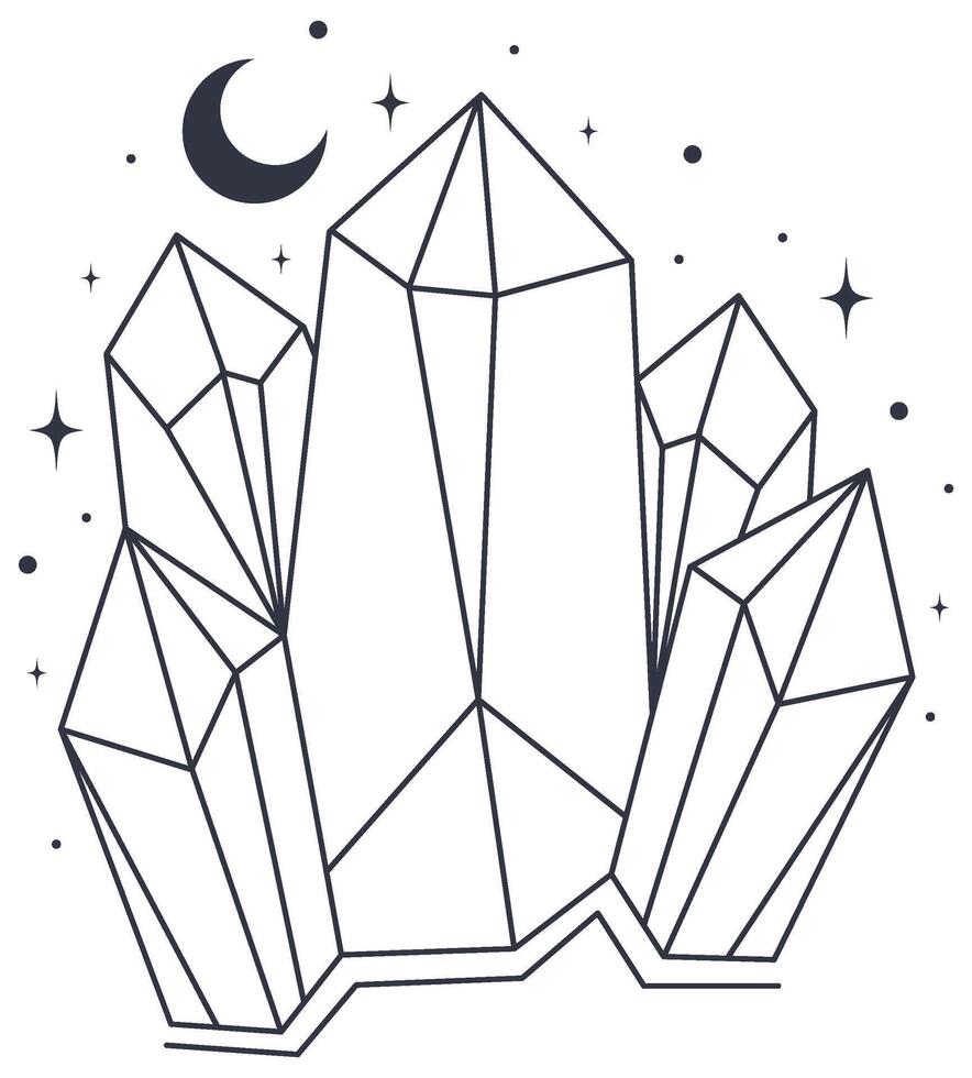Bohemian linear logo icon symbol. Line art healing crystal and moon concept vector
