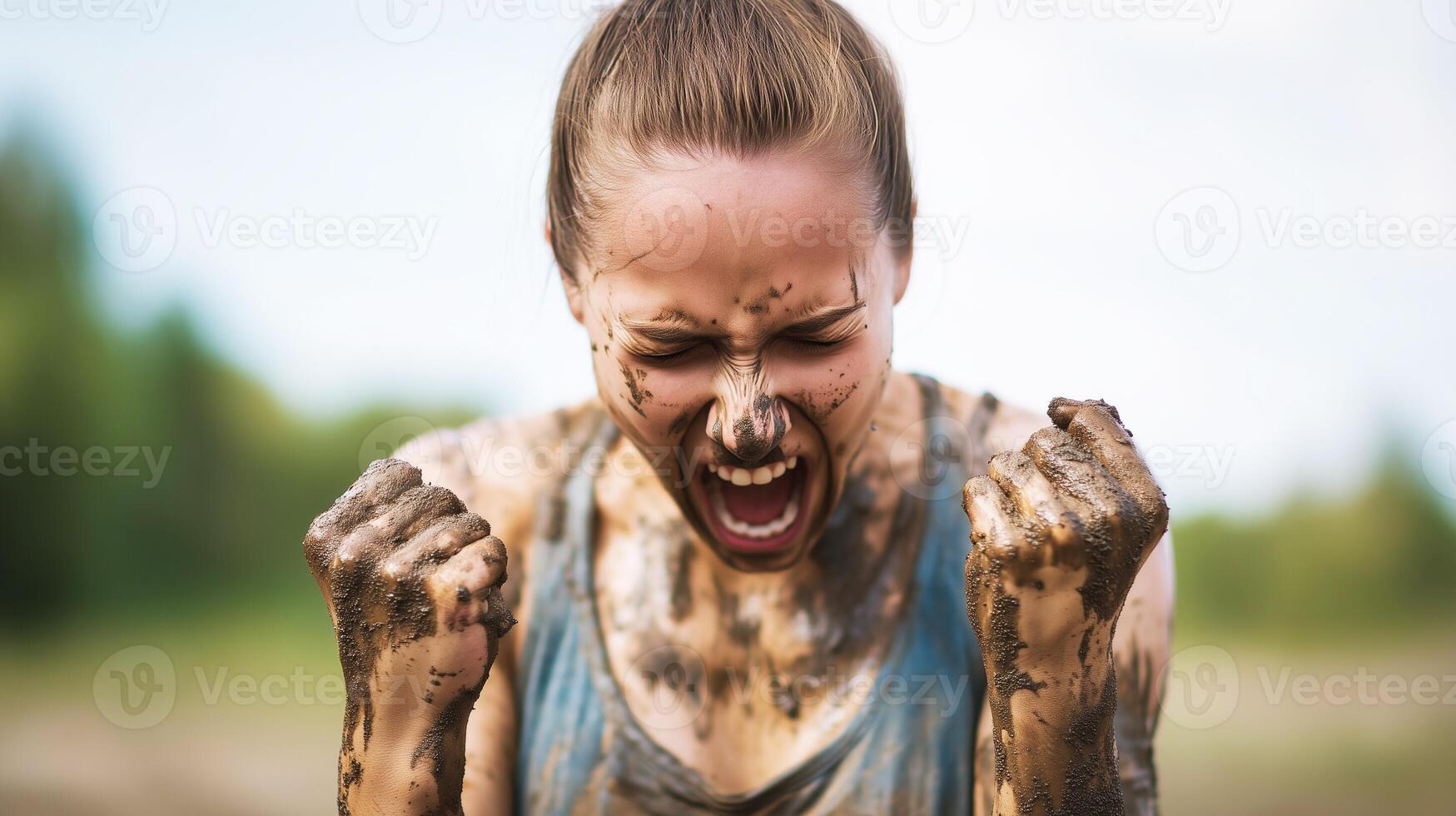 Woman covered in mud celebrating victory at obstacle course race. Female athlete screaming for joy with clenched fists. photo