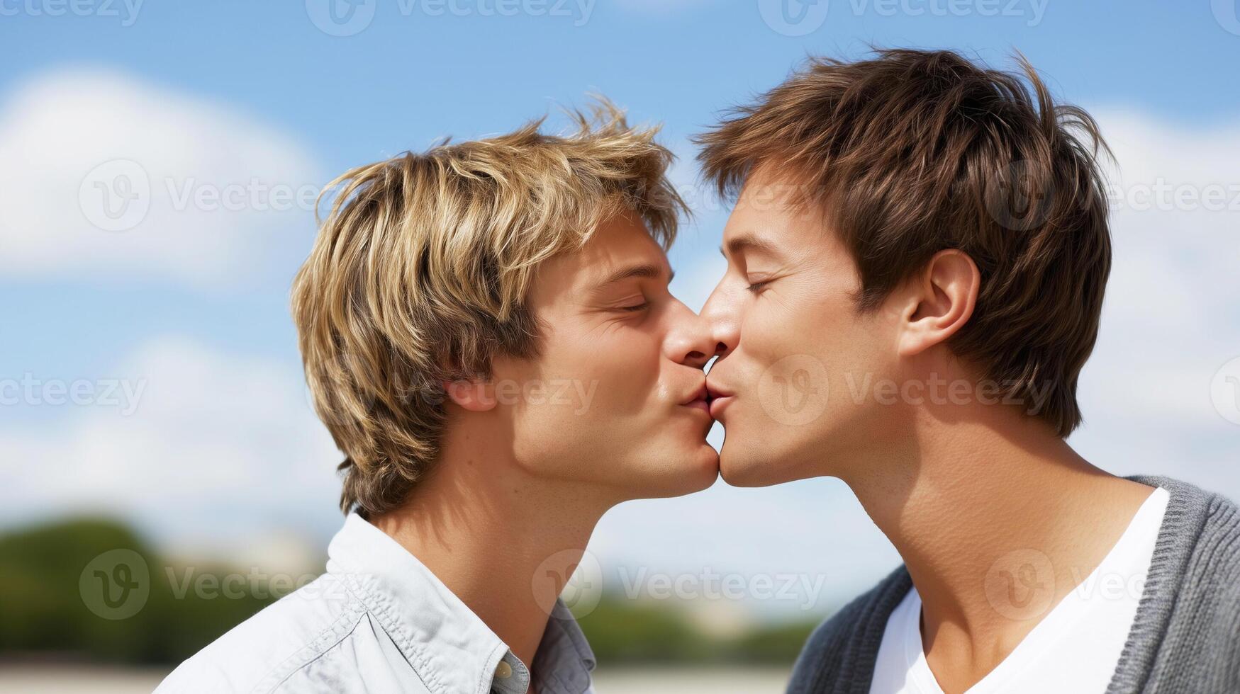 Gay couple kiss. Two homosexual men kissing in public. photo