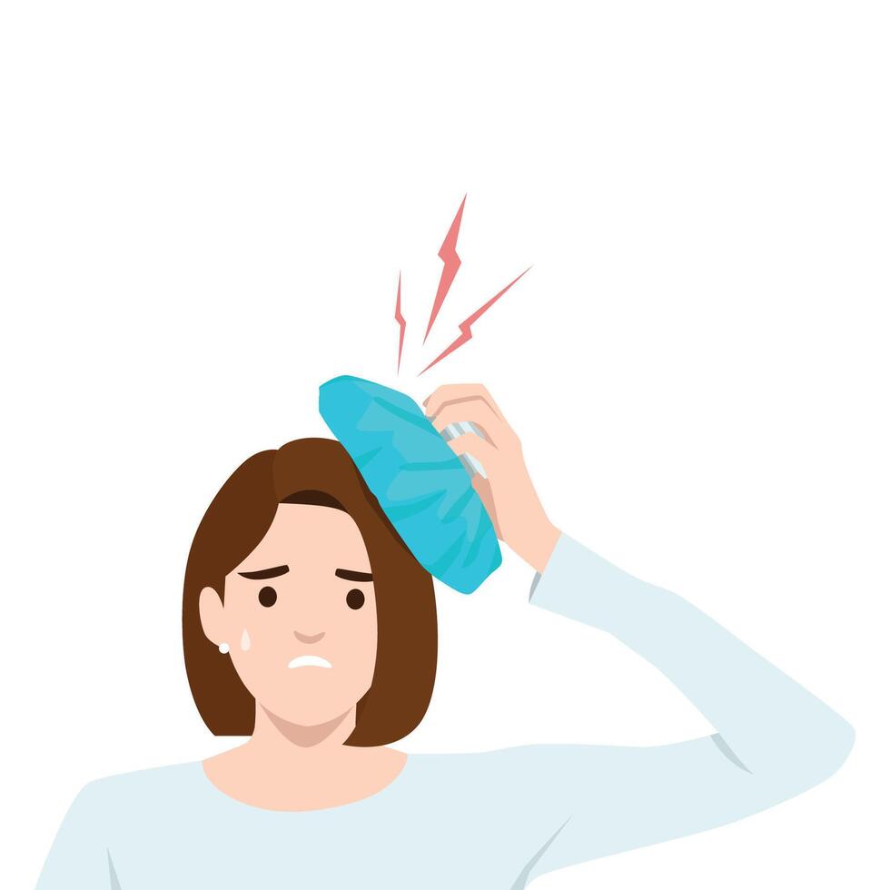 Woman Suffering from Headache Using Ice Pack. vector