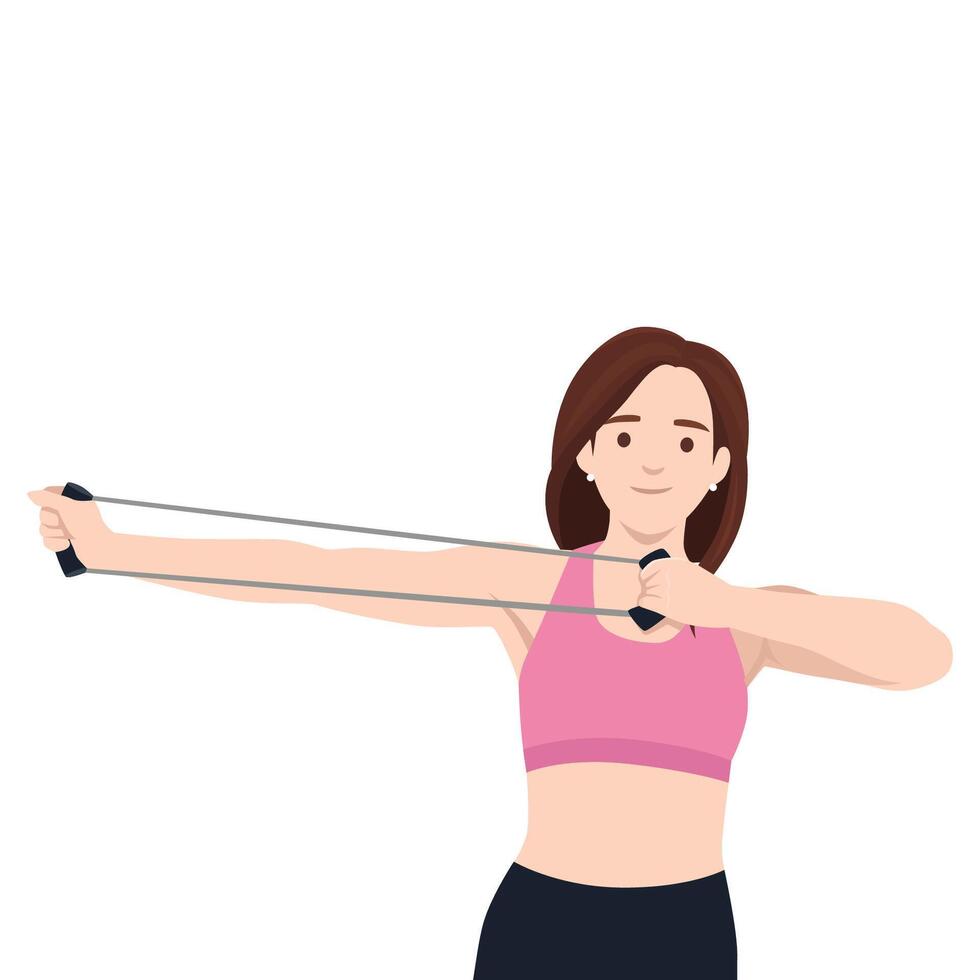 Woman in athletic wear performs a resistance band stretch. vector